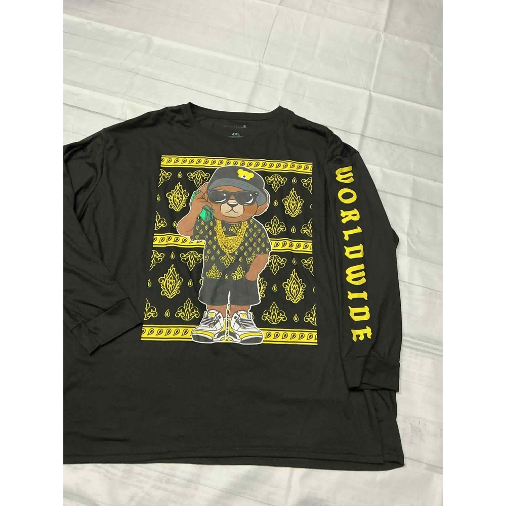SOCWATEES Bear Graphic Print Long Sleeve Crew Neck T-Shirt - 4XL
